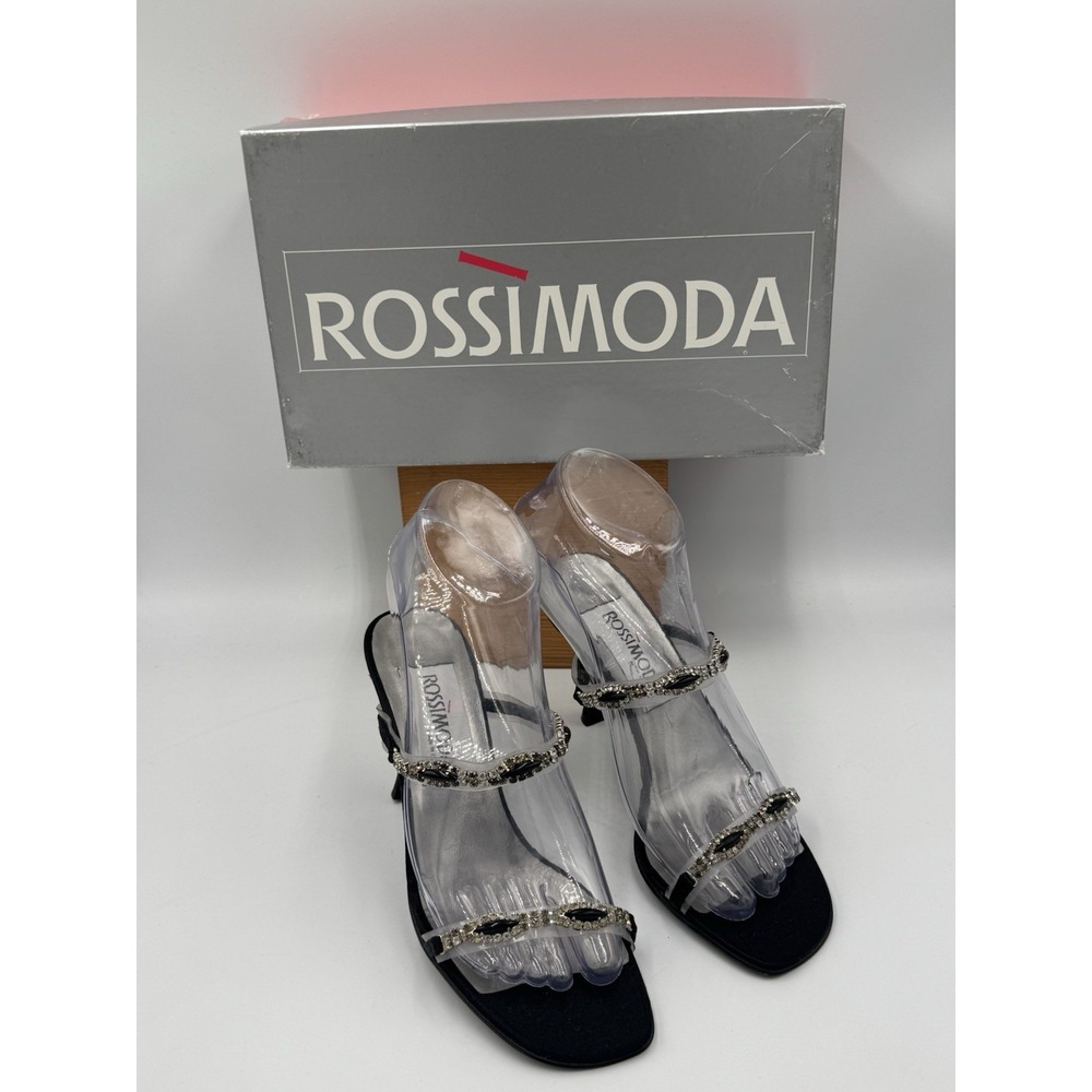 Vintage Rossimoda Italy Black Rhinestone Strappy Heels Size 6M 1997 Boxed